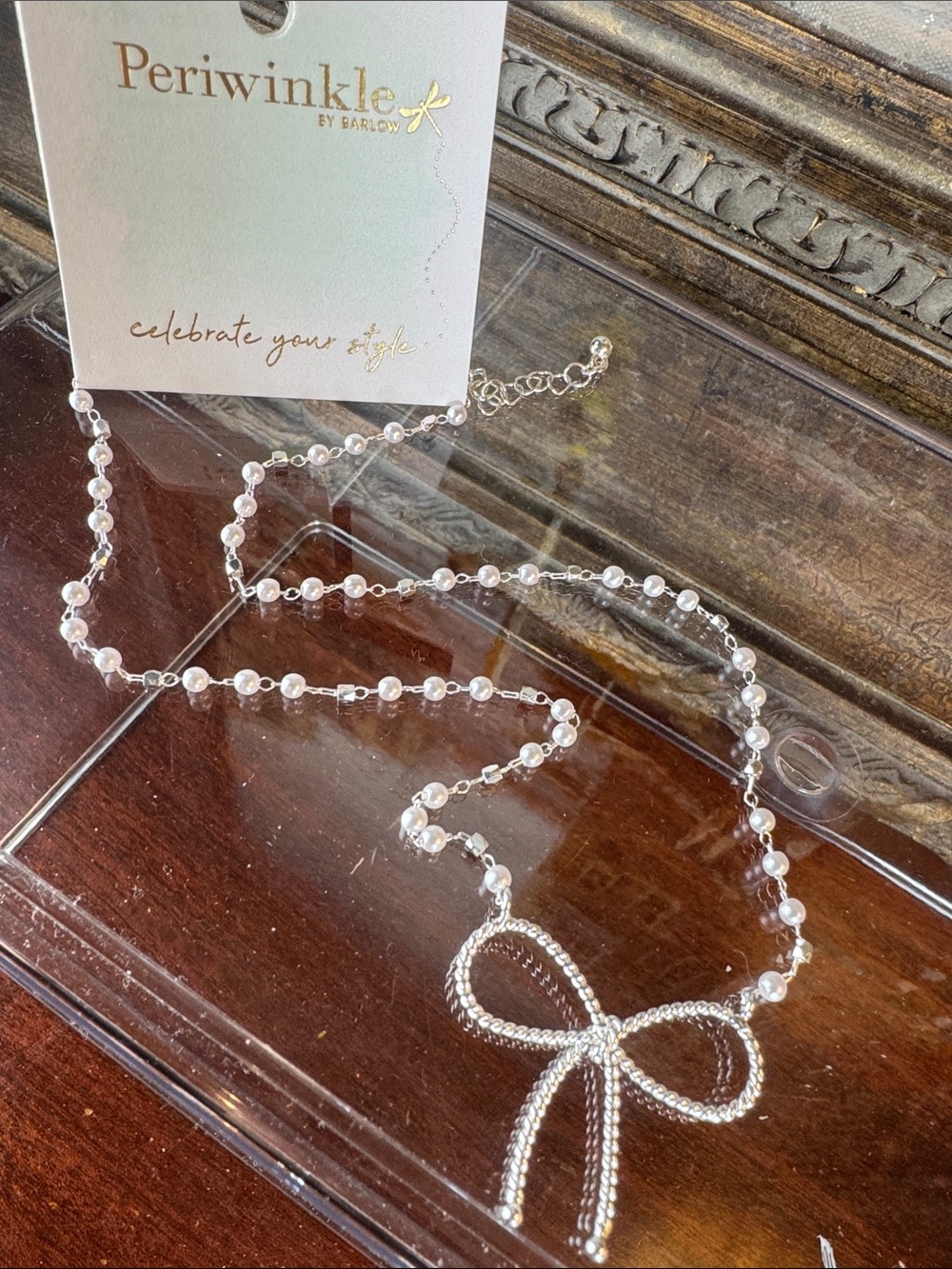 0829-Periwinkle by Barlow Silver Chain Pearl Bead Necklace